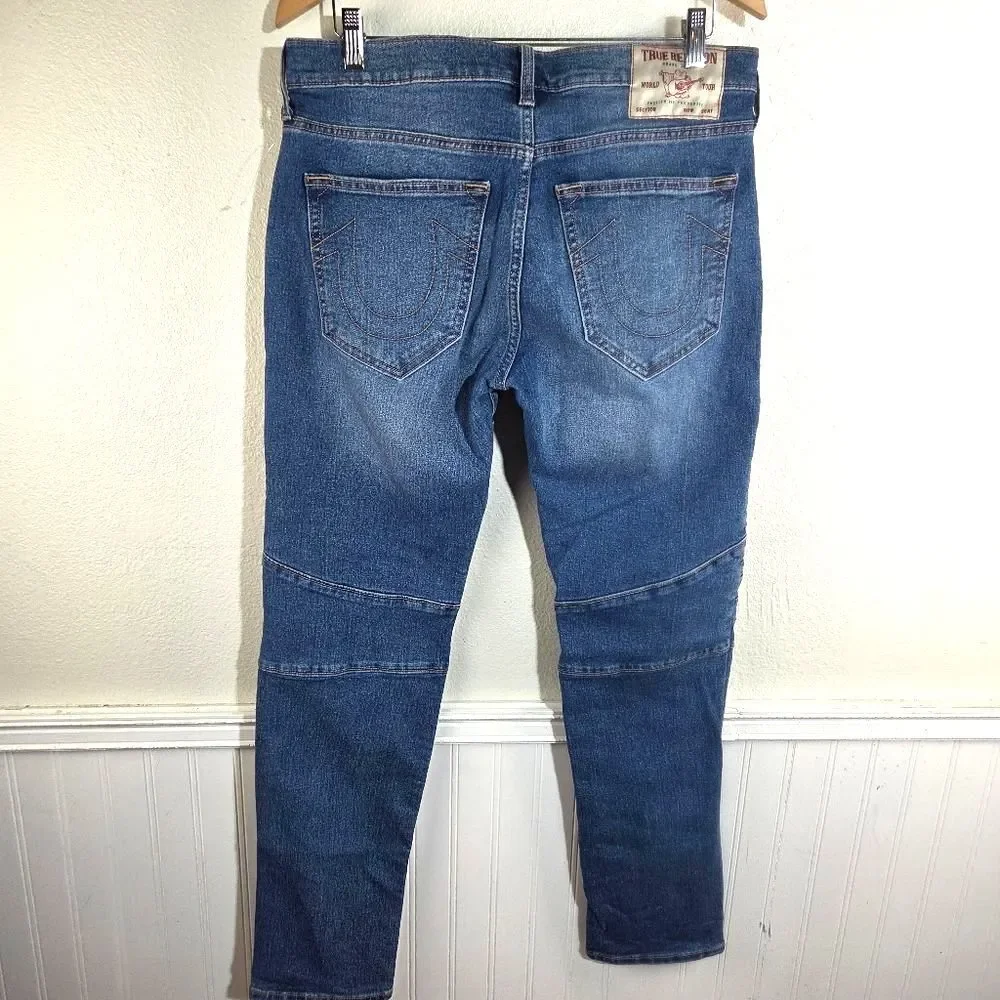 Men's True Religon Rocco Moto Relaxed Skinny Denim Blue Jeans Size 32